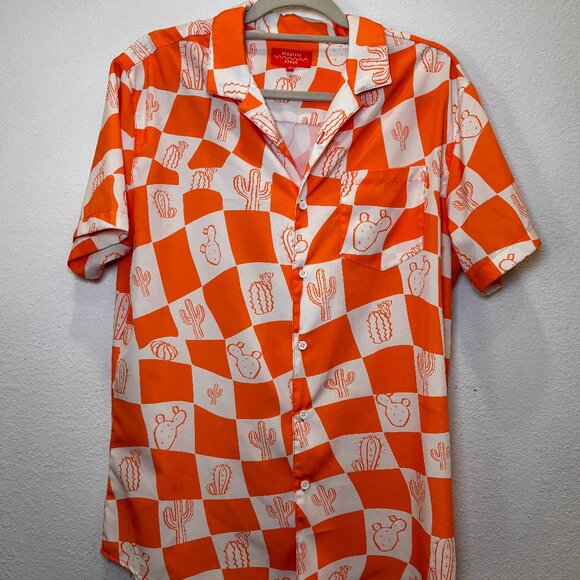 NEGATIVE SPACE Mens Short Sleeve Shirt Shorts Set Checked Cactus Orange White M - Picture 2 of 11